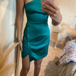 forest green one shoulder wrap lulus mini dress